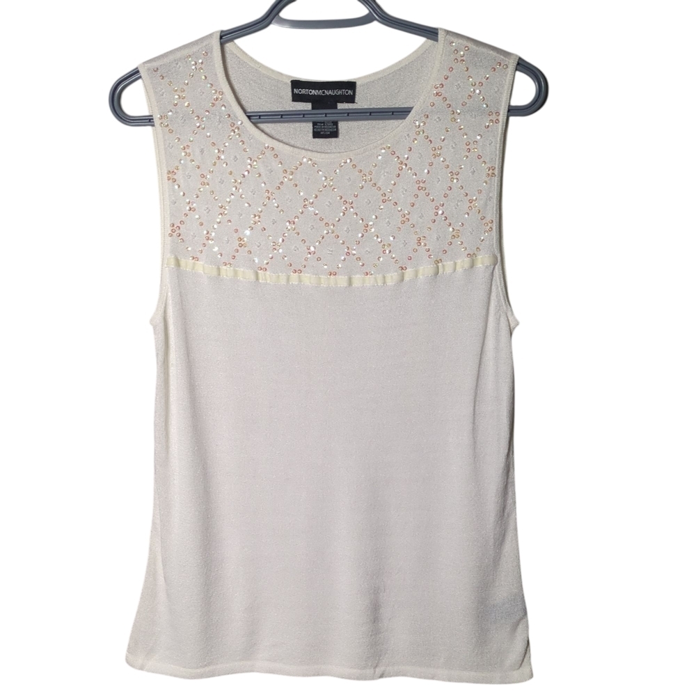 Norton McNaughton Sleeveless Knit Top With Beading, Velvet Trim Size Large